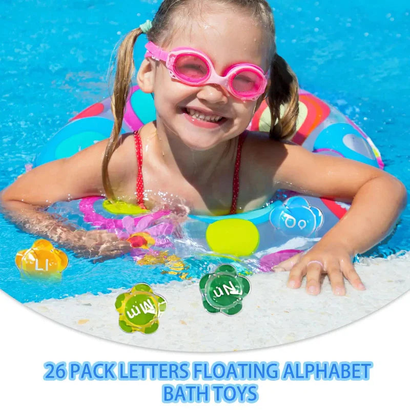 Close-up of a toddler arranging foam letters in a bath, enhancing alphabet recognition