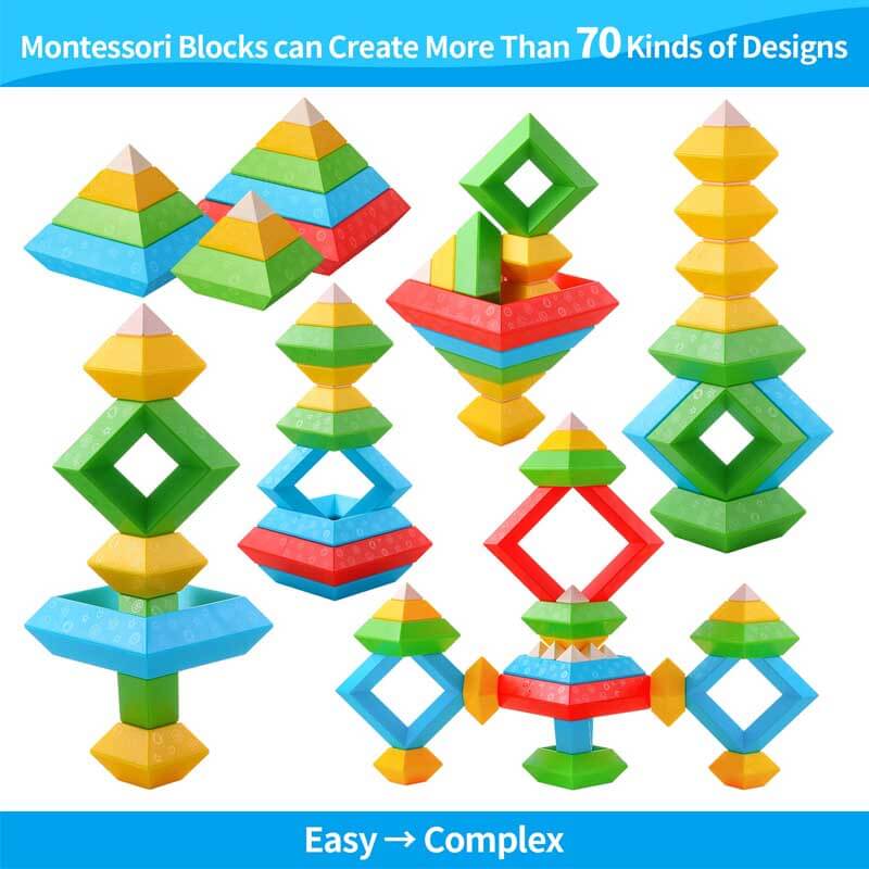 Assortment of geometric pyramid stacking blocks, perfect for kids' educational and building play