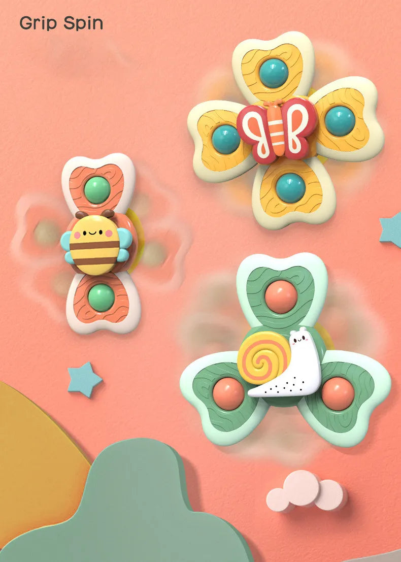 Travel toy insect spinning tops for toddlers, suction cups provide entertainment and fine motor practice.