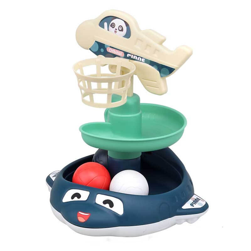 Interactive stacking ball drop toy displayed in a playroom setting, ready for toddler fun