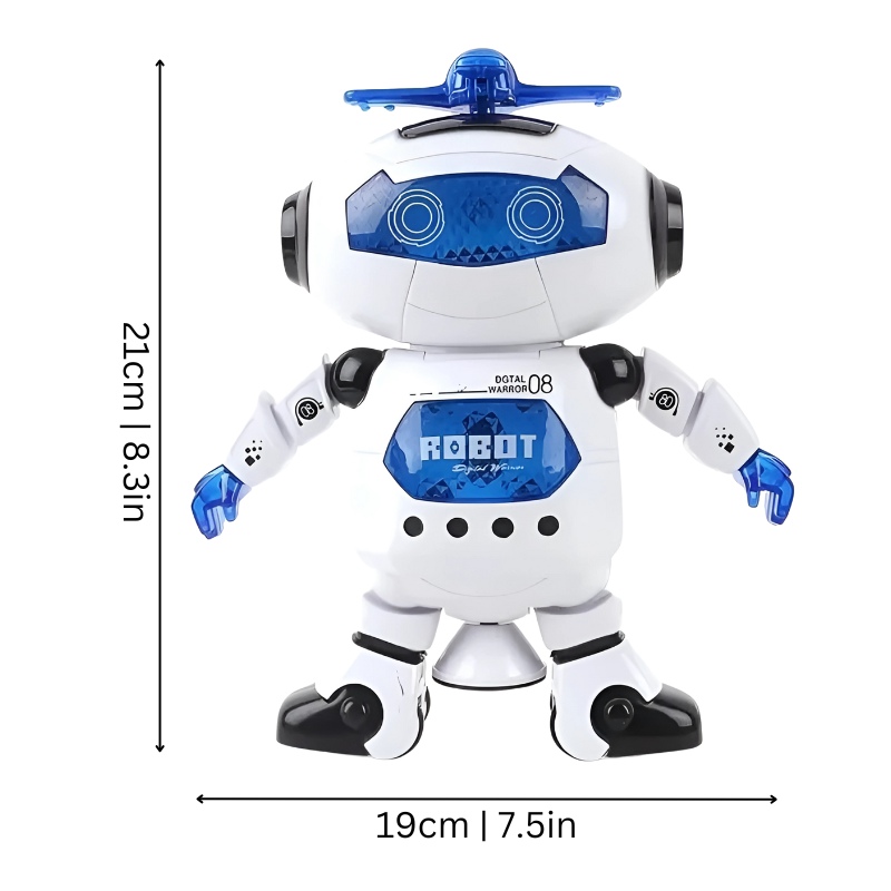 Toddler-friendly, educational robot toy that dances to music, captivating children with bright lights and movement.