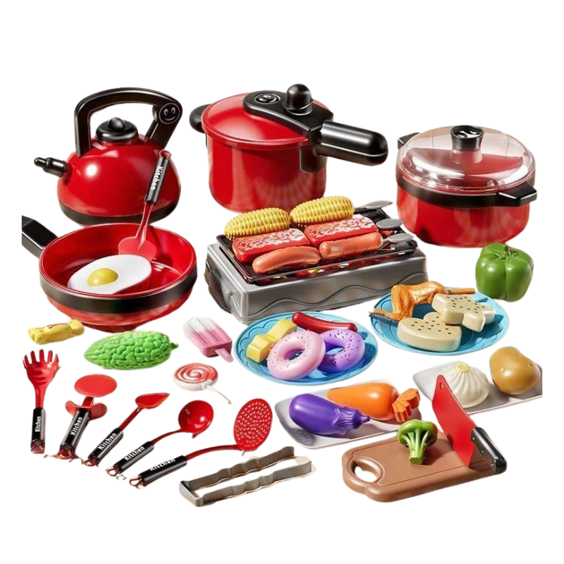 Complete children's gift cooking set, featuring various play kitchen accessories for aspiring young chefs.