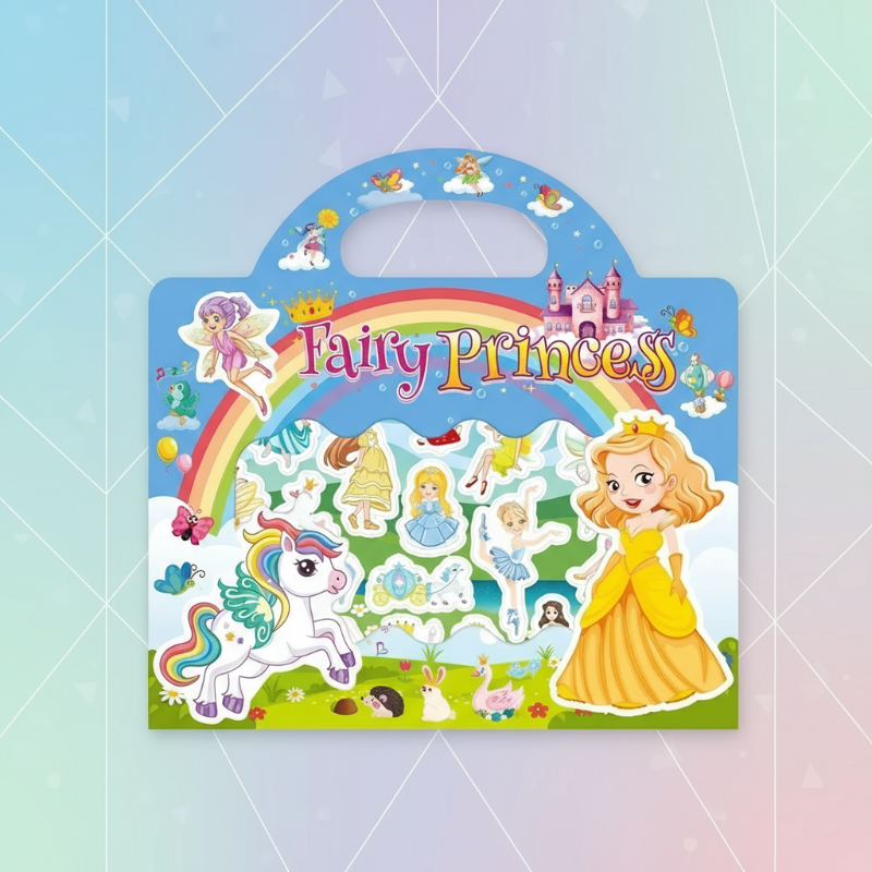 Reusable sticker book with various themed pages, fostering imagination and hands-on learning