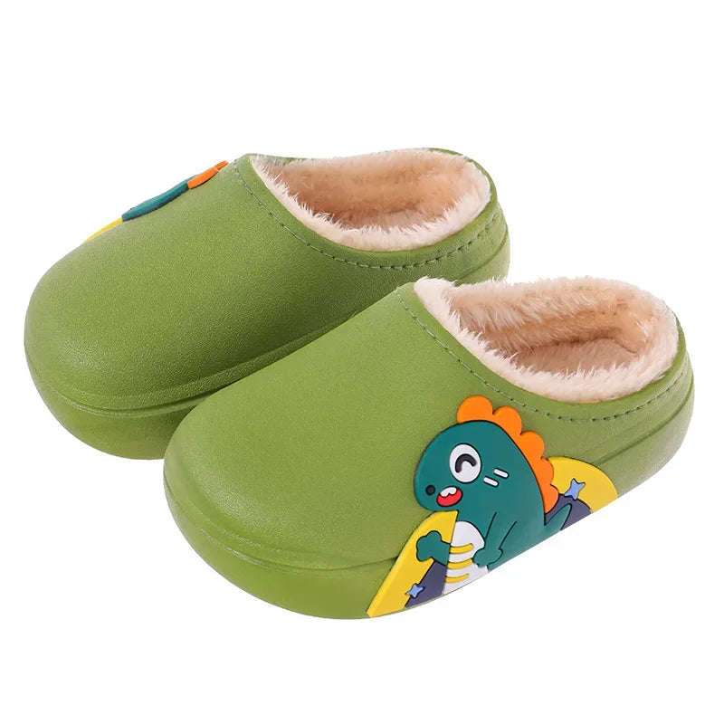 Playful animal print children's waterproof slippers, warm and non-slip for cozy feet.