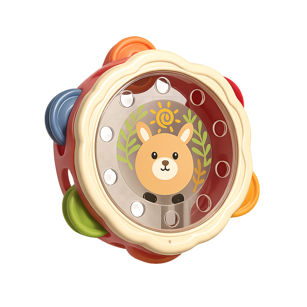 Close-up of a baby's hand shaking a colorful animal-face tambourine toy, perfect for infant development.