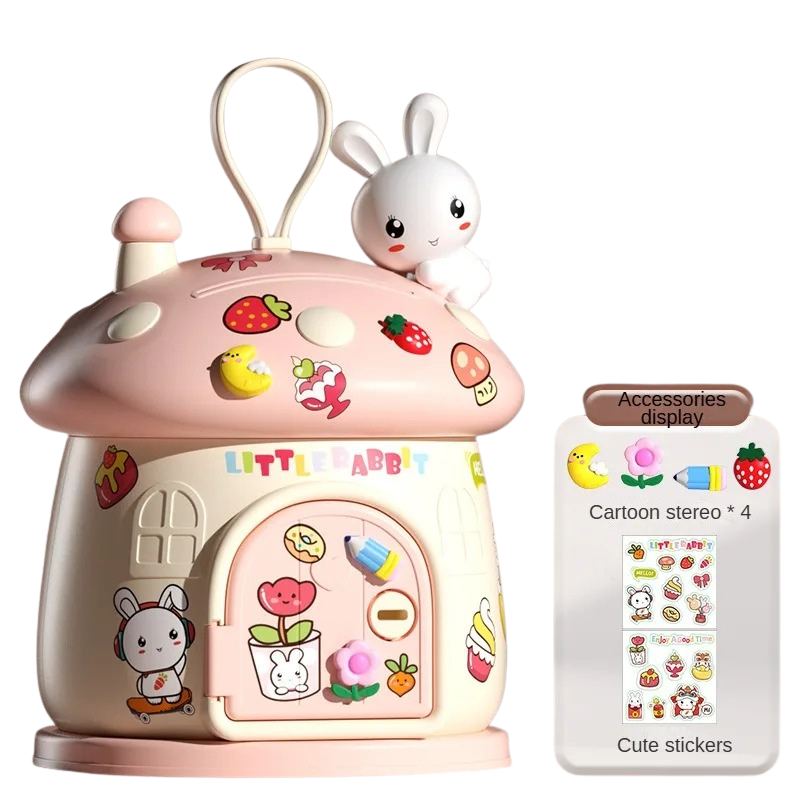 Adorable cartoon mushroom piggy bank with provided DIY stickers, ideal for kids' saving and decor.