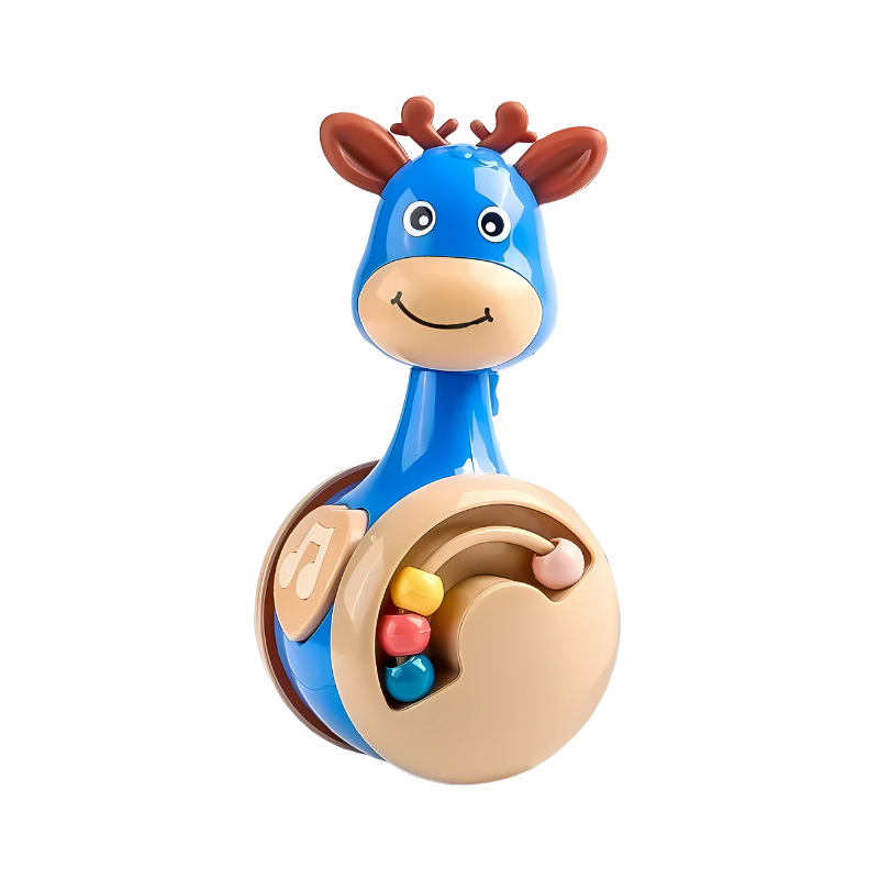 Two interactive rolling baby toys, a dinosaur and a deer, for motor skill development