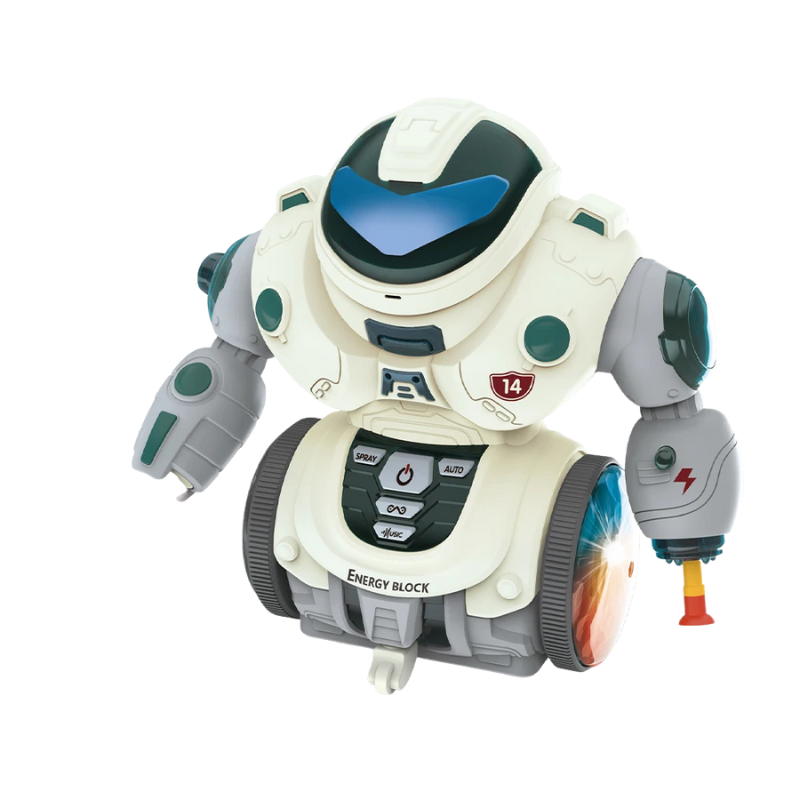 Close-up of a musical dancing robot, an early learning toy for babies and toddlers, encouraging activity