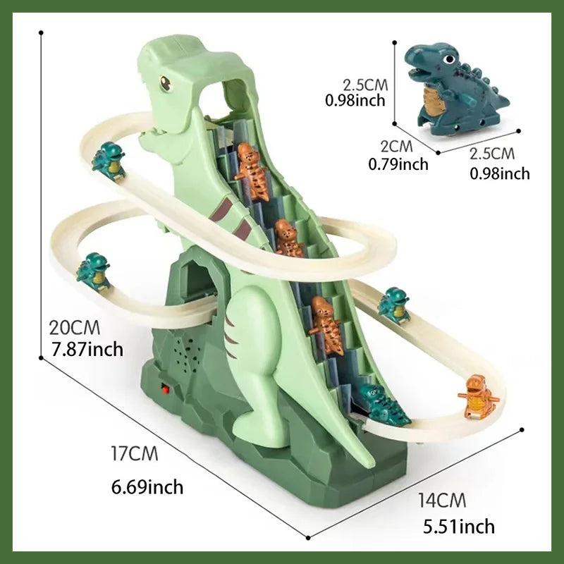 Kids' Dino Adventure Slide Toy, a plastic race track set with dinosaurs, lights, and music for interactive play.