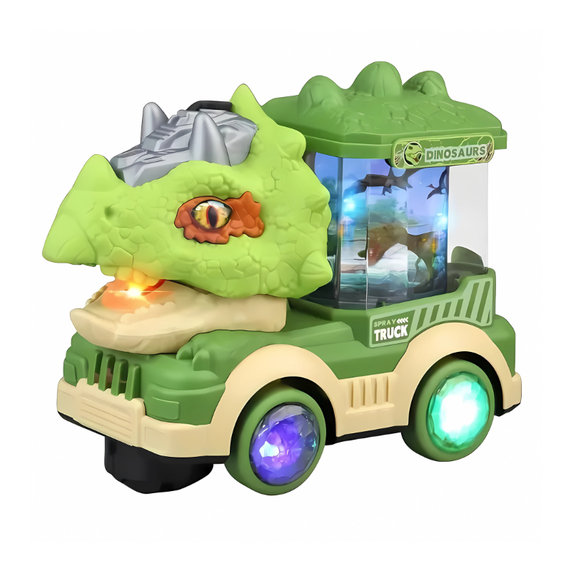 Toddler gift: Sensory dinosaur musical car toy with mist and vibrant LED lights.