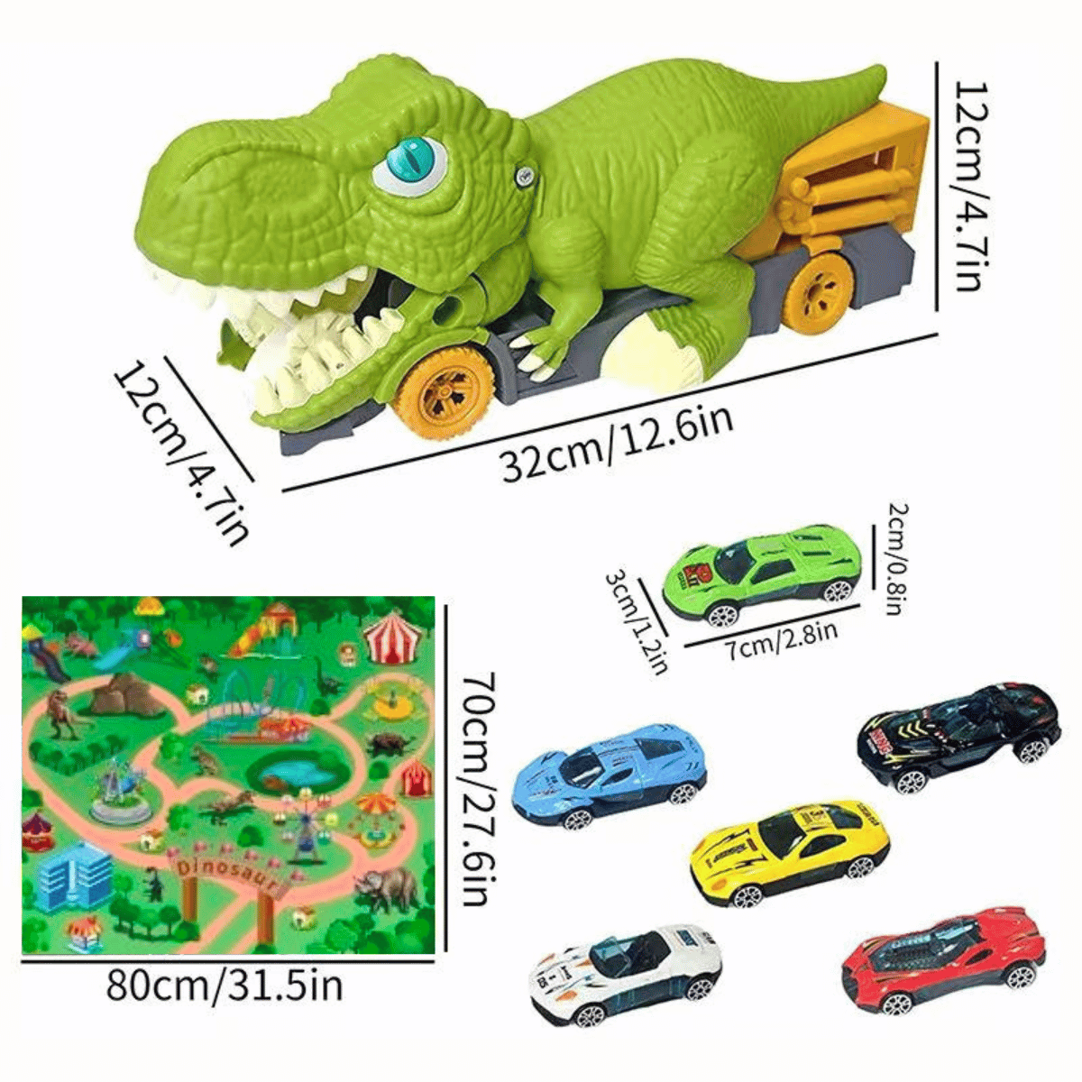 Vibrant dinosaur toy car playset, perfect gift for kids who love dinosaurs and vehicles