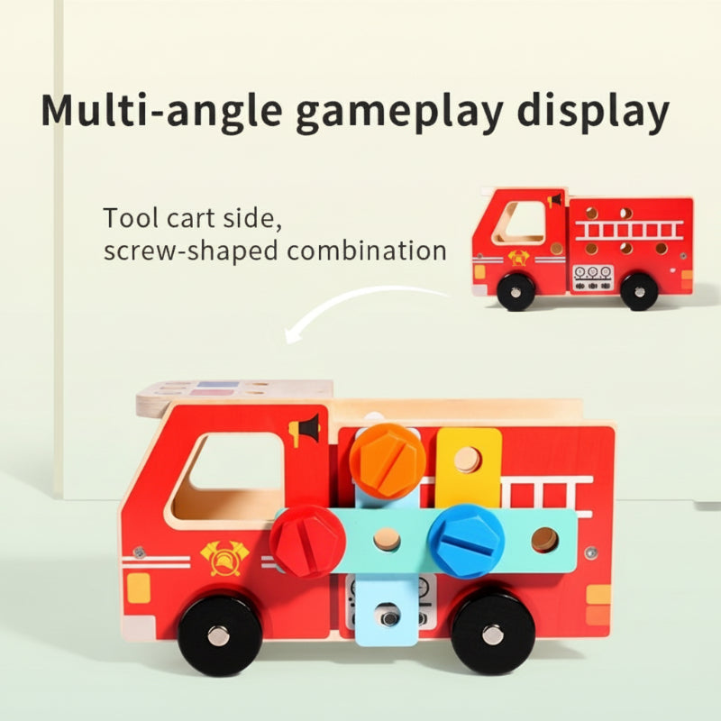 Colorful wooden fire truck assembly kit, an engaging educational toy for kids' creative play.