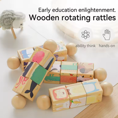 Preschool educational toy, a wooden spinning puzzle with animal shapes designed for toddler cognitive development.