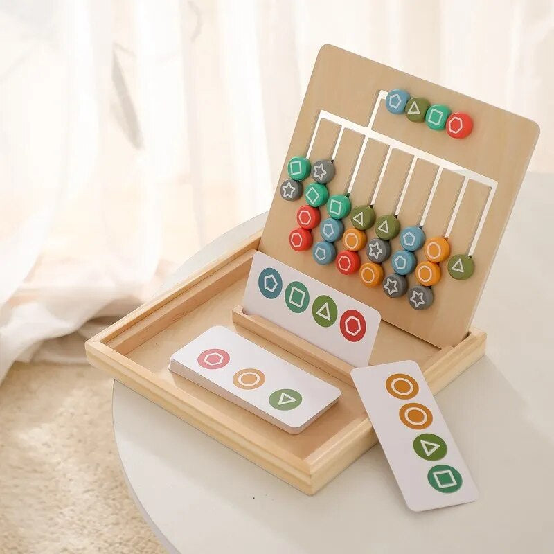 Preschooler engaging with an educational word box, developing cognition and vocabulary with wooden toys.