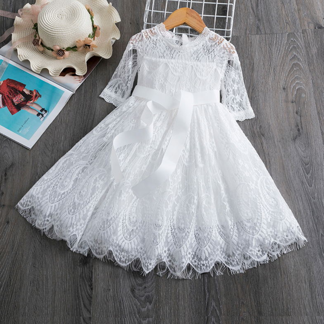 Girls' formal party dress, crafted from soft cotton with intricate lace and ribbon accents