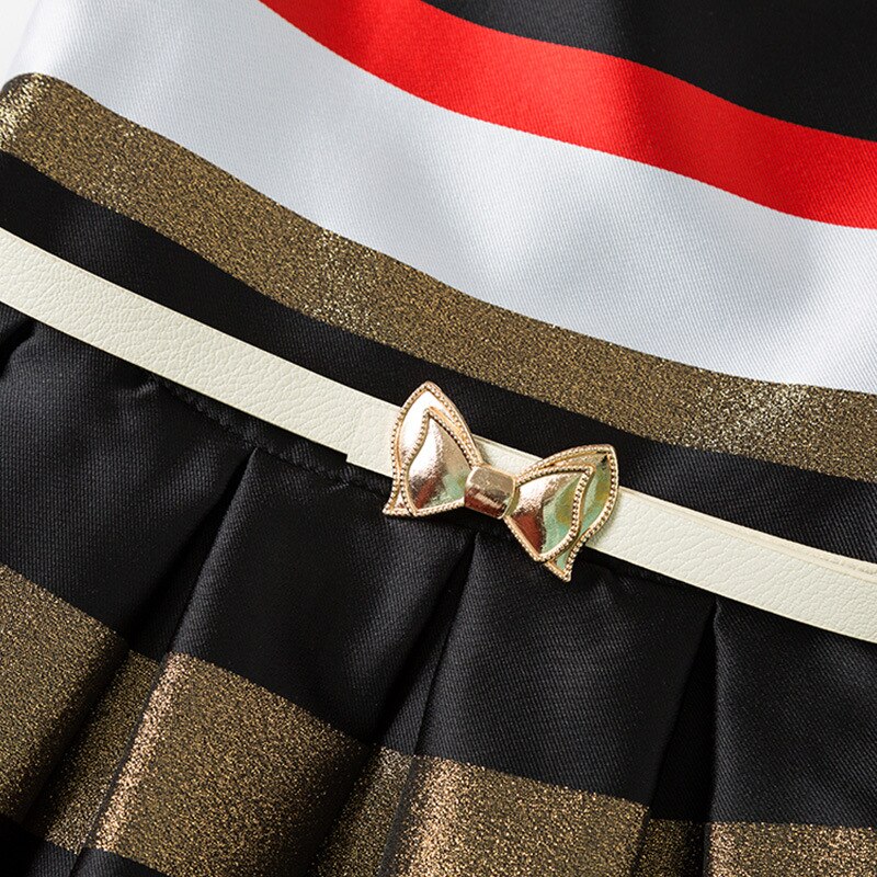 Chic girls' sleeveless striped party dress, featuring a V-neck and knee-length design, perfect kids' attire.