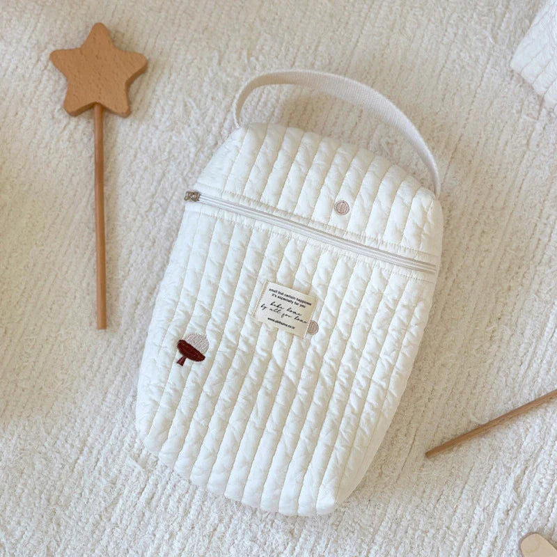 Diaper wet bag with intricate embroidery detail, a chic addition to baby transport.