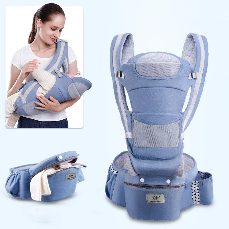 Adjustable ergonomic baby carrier for all body types, featuring an easy-to-use hip seat.