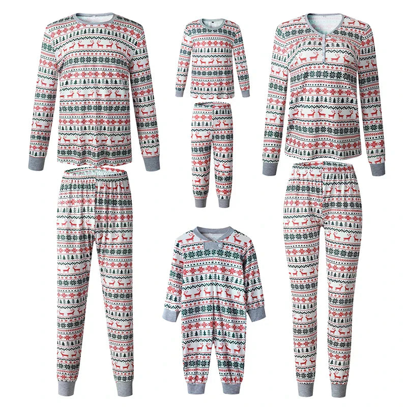 Parents and kids wearing matching holiday pajamas, soft cotton blend seasonal sleepwear