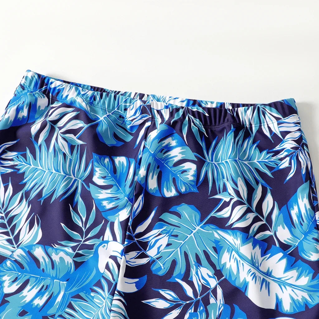 Family beachwear: palm print swimsuits for matching summer fashion