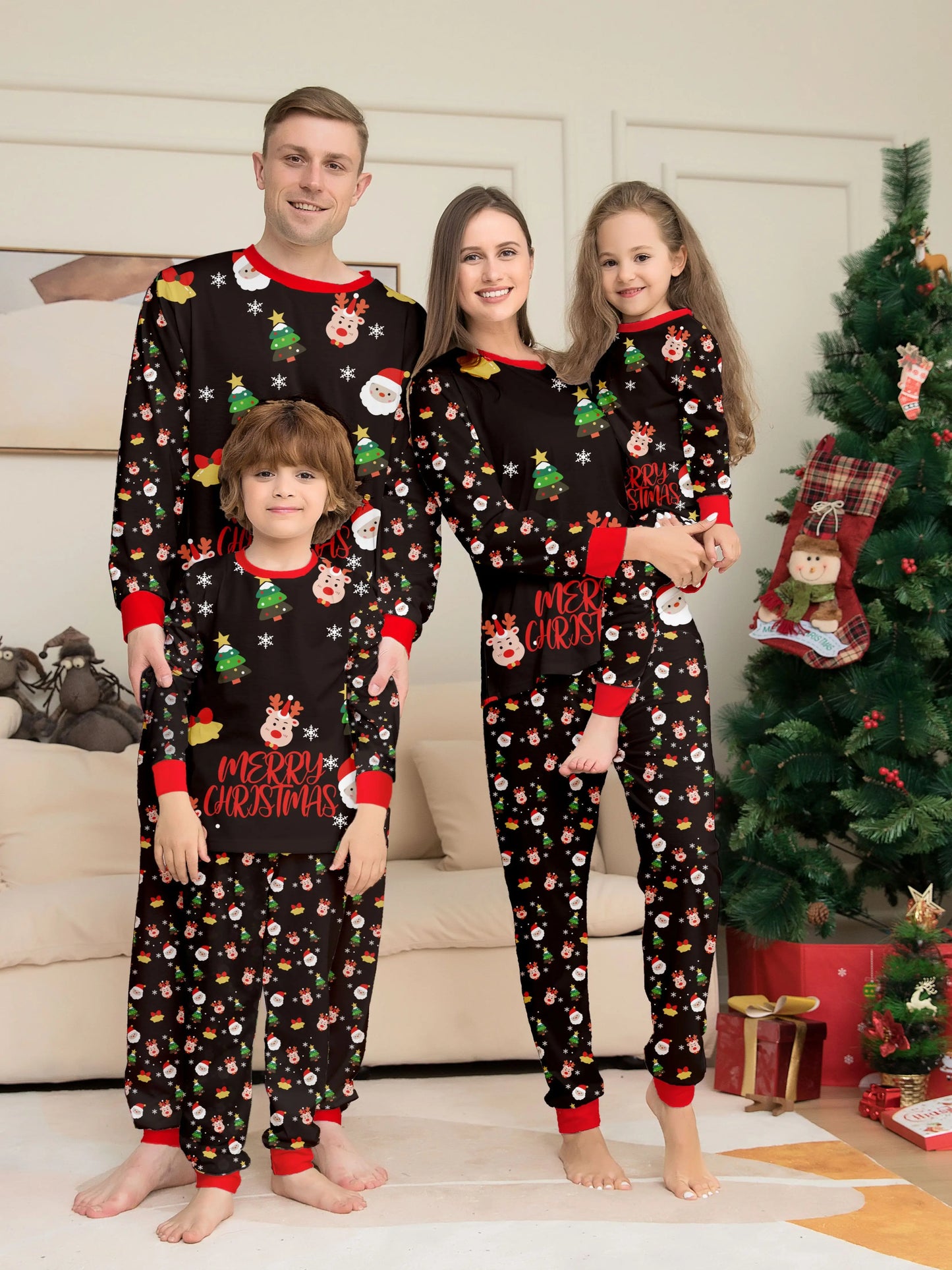 Close-up of soft cotton family matching pajamas with a cheerful Christmas pattern, ideal for holiday sleepwear