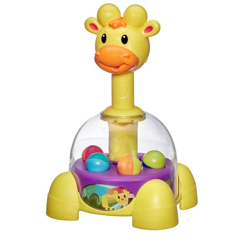 Giraffe-themed spinning and popping toy, an ideal developmental and sensory experience for babies