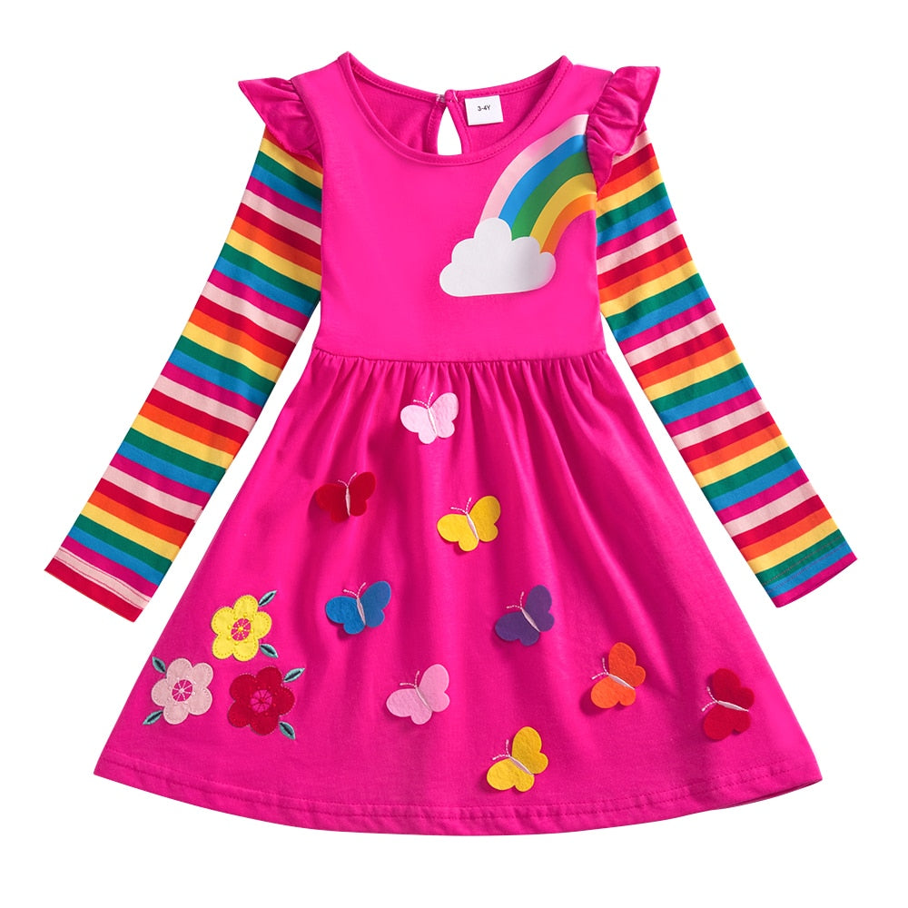 Girls' durable long sleeve knit dress, featuring bold butterfly motifs on a striped background, cotton
