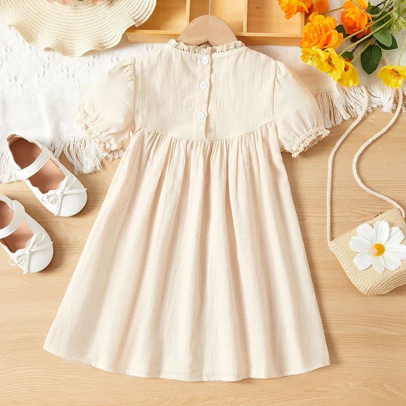 Fashionable kids' casual dress: floral embroidered pink princess style, knee-length