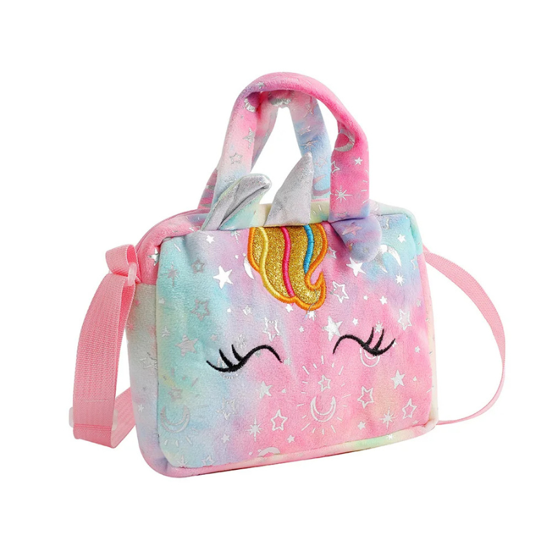 Front view of a girls' glitter unicorn crossbody purse, showing off its colorful design and trendy kids' fashion appeal.