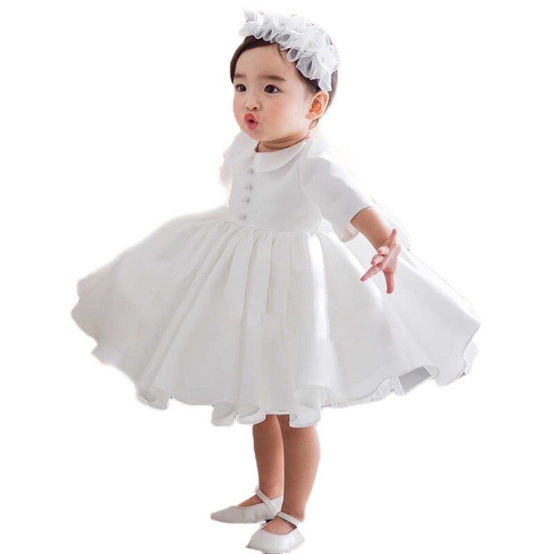 White long sleeve christening dress for girls, featuring a classic design and comfortable cotton blend