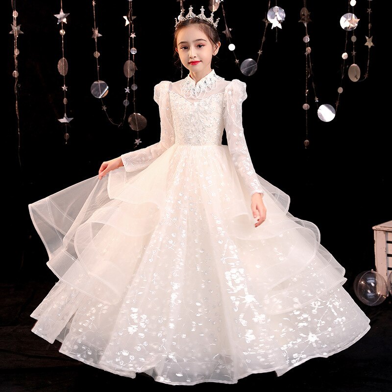 Elegant girls' luxury white ball gown with sequin bodice and long sleeves, a beautiful princess dress.