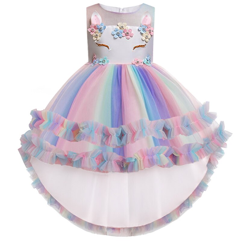 Toddler girl in a whimsical unicorn ruffle party dress, sleeveless design, ideal for kids' celebrations