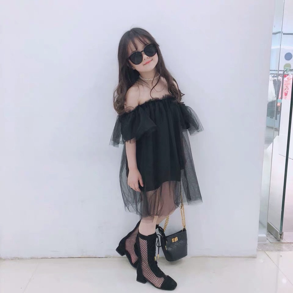 Girls cotton off-shoulder dress with a mesh overlay and butterfly sleeves, a beautiful kids party dress.