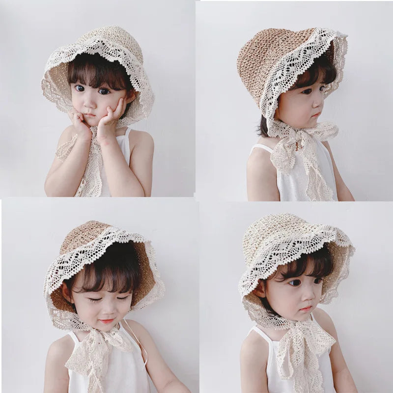 Sweet girls' pink straw sun hat with white lace, a princess-inspired beach and summer accessory