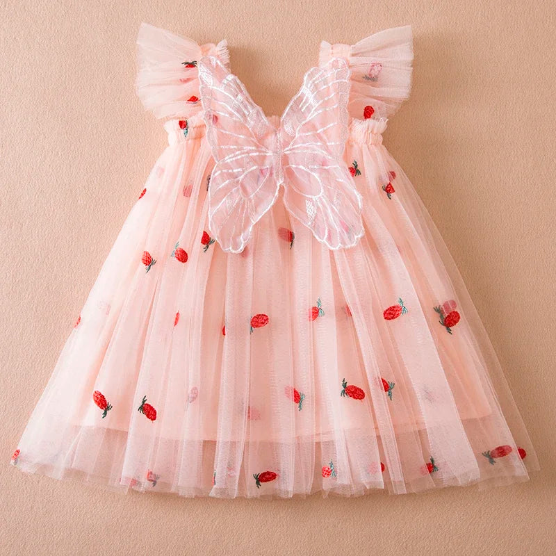 Girls' elegant light blue tulle party dress with a graceful back bow and whimsical wing accents.