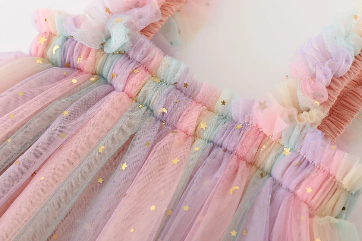 Sweet baby girl's rainbow unicorn tulle princess dress, a delightful choice for summer wear.