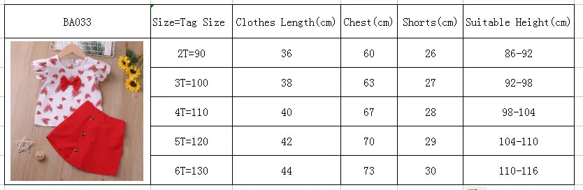 Comfortable toddler girl's summer outfit: red heart print top and elastic shorts set