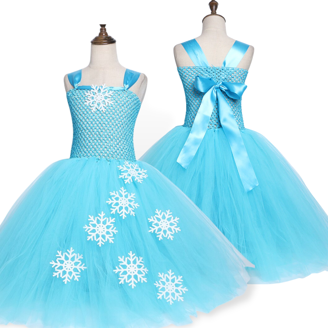 Close-up of a Snow Queen fantasy dress, showing intricate details on the bodice and a fluffy tutu skirt
