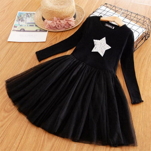 Girls' fashion long sleeve "Star Chiffon" dress in black for babies and toddlers