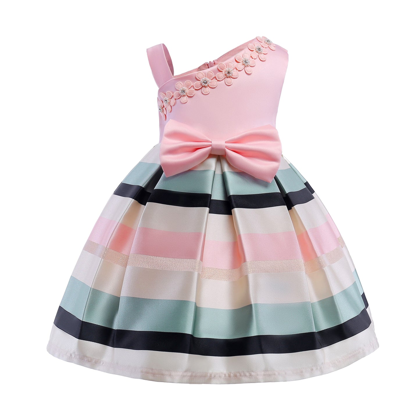 Girls' festive striped ruffle dress with a sweet ribbon, perfect for any children's celebration
