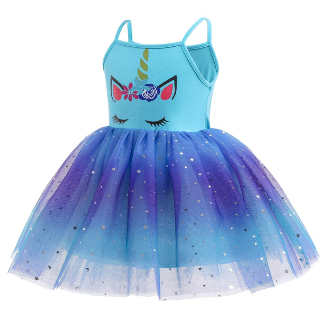 Unicorn-themed sleeveless summer dress for young girls, featuring a colorful rainbow tutu.