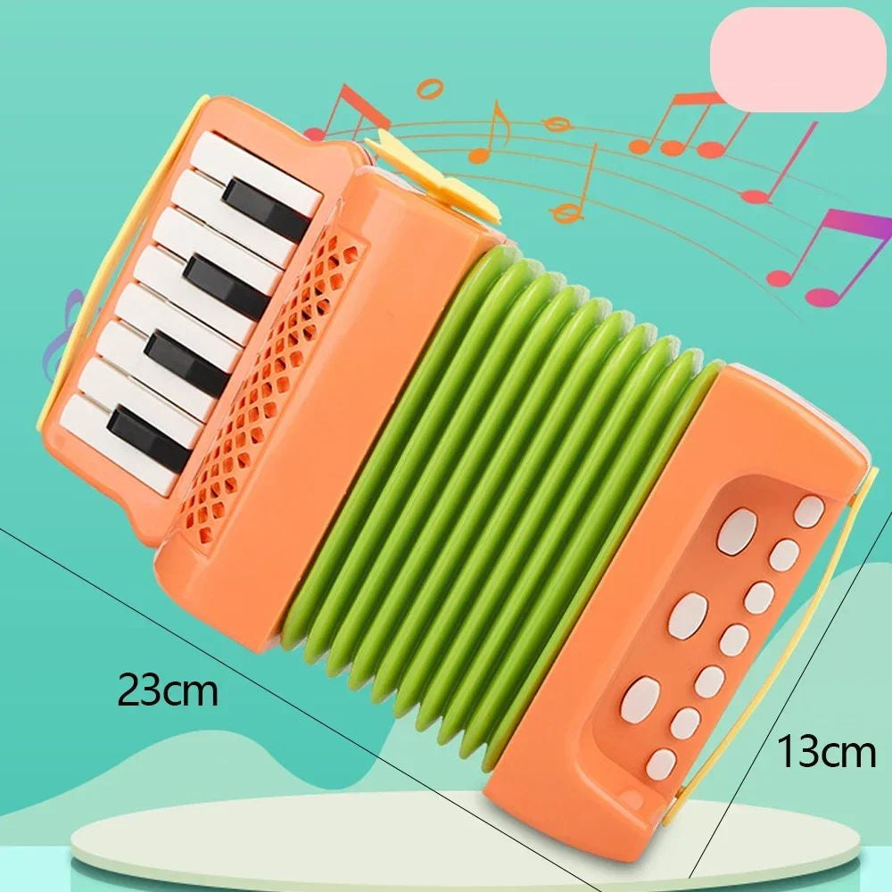 Baby musical toy: a colorful green, orange, and yellow beginner accordion for young children
