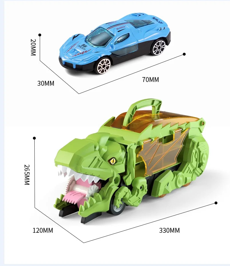 Detailed dinosaur toy car for kids, with integrated storage for other mini toy cars