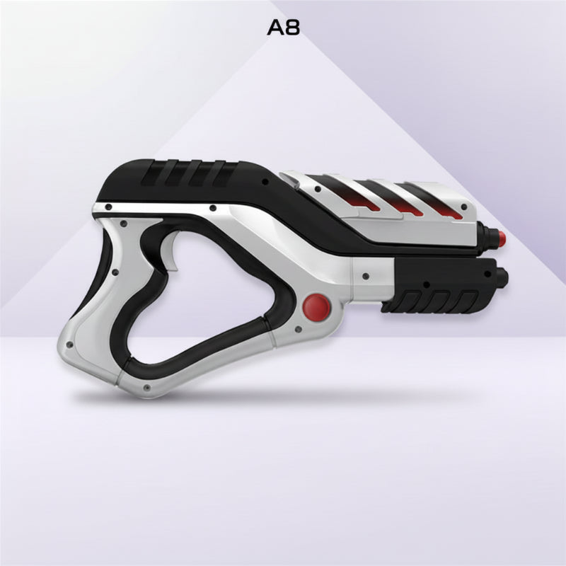 Child holding an AR game blaster, smiling while immersed in an interactive shooting game