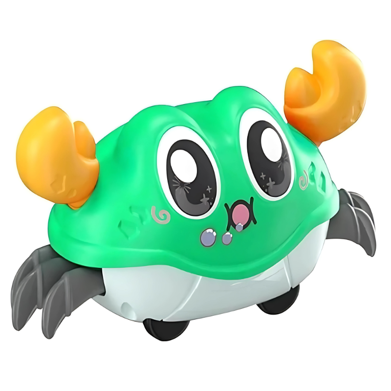A vibrant, musical crab toy designed to entertain and assist in a child's developmental activities.