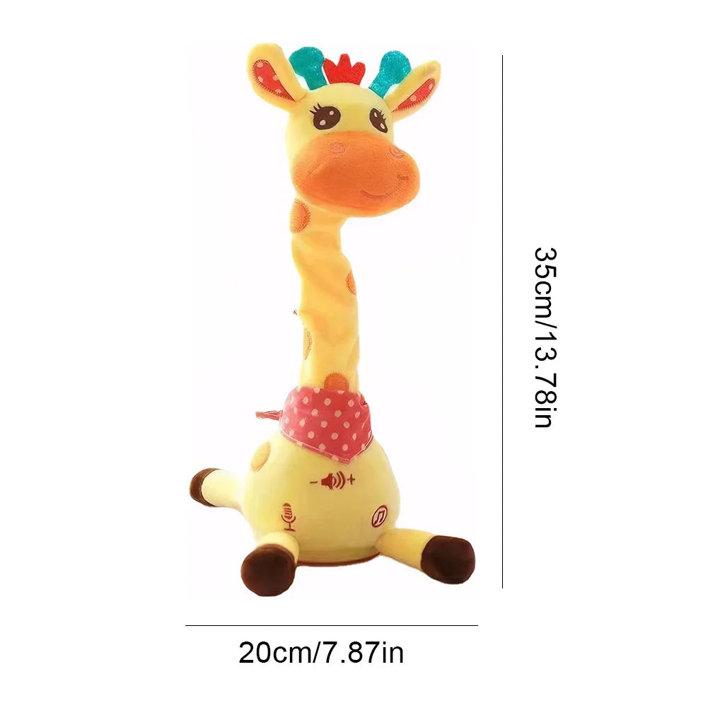Front view of a dancing giraffe plush toy, ideal baby gift with interactive voice recording