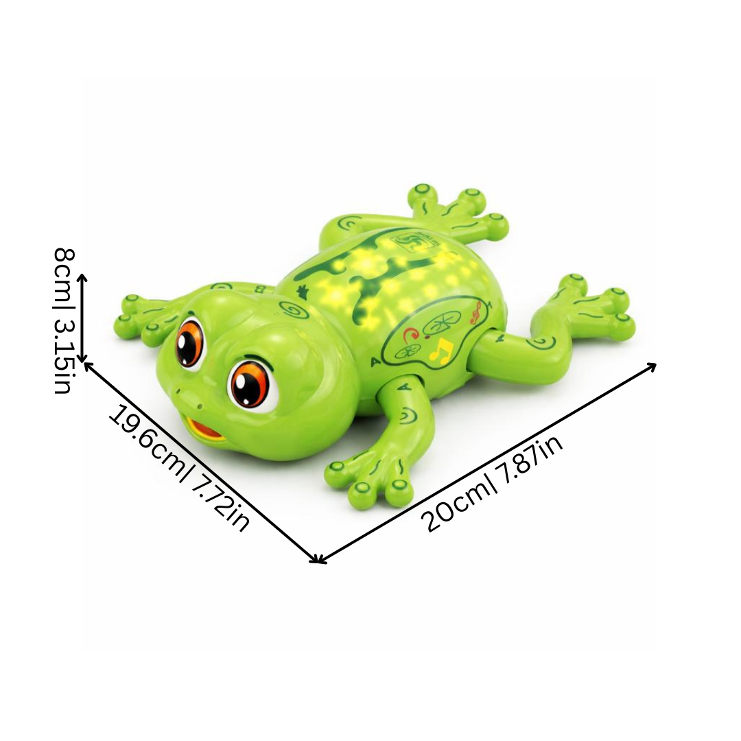 Green plastic musical frog toy designed for toddlers, featuring sound effects and flashing lights, educational