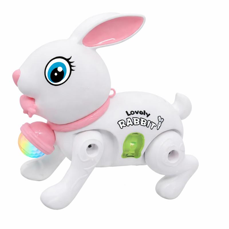 Kids' developmental toy: interactive walking bunny with engaging music and bright lights for playtime fun.