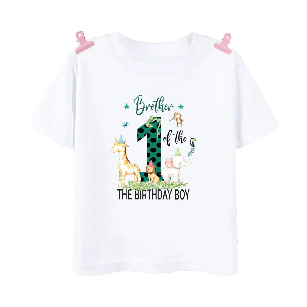 Family matching summer short sleeve t-shirts with jungle animals for a birthday celebration