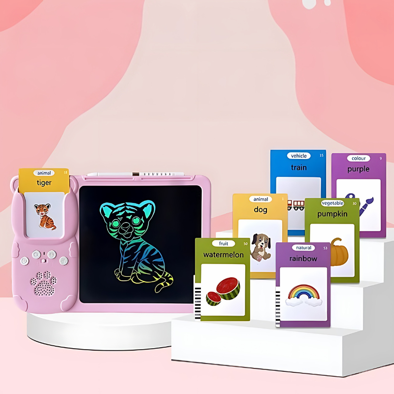 Boxed interactive bilingual learning tablet with flashcards, ready for early childhood education.